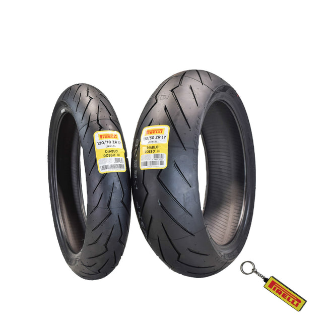 Pirelli Diablo Rosso III 120/70ZR17 Front & 180/55ZR17 Rear Motorcycle Tire Set - High Performance, Durable, & Reliable Tire for Sport/Street Bikes with Keychain
