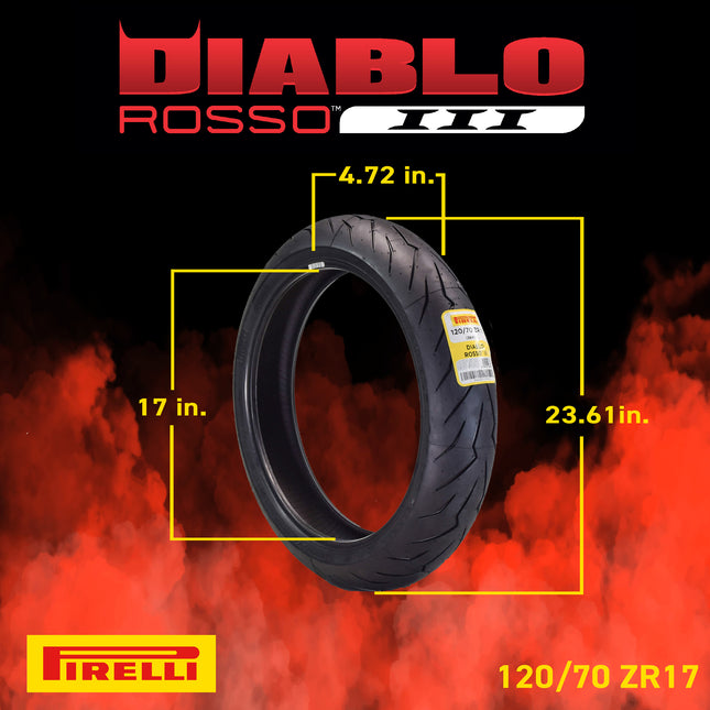 Pirelli Diablo Rosso III 120/70ZR17 Front & 180/55ZR17 Rear Motorcycle Tire Set - High Performance, Durable, & Reliable Tire for Sport/Street Bikes with Keychain