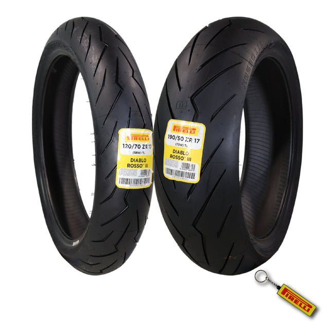 Pirelli Diablo Rosso III 120/70ZR17 Front & 190/50ZR17 Rear Motorcycle Tire Set - High Performance, Durable, & Reliable Tire for Sport/Street Bikes with Keychain