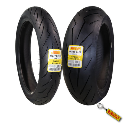 Pirelli Diablo Rosso III 120/70ZR17 Front & 190/55ZR17 Rear Motorcycle Tire Set - High Performance, Durable, & Reliable Tire for Sport/Street Bikes with Keychain