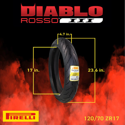 Pirelli Diablo Rosso III 120/70ZR17 Front & 190/55ZR17 Rear Motorcycle Tire Set - High Performance, Durable, & Reliable Tire for Sport/Street Bikes with Keychain
