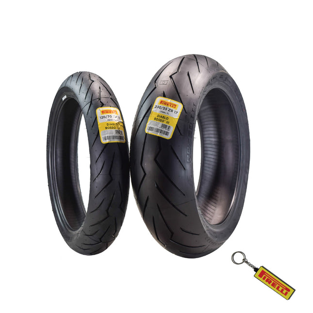 Pirelli Diablo Rosso III 120/70ZR17 Front & 200/55ZR17 Rear Motorcycle Tire Set - High Performance, Durable, & Reliable Tire for Sport/Street Bikes with Keychain