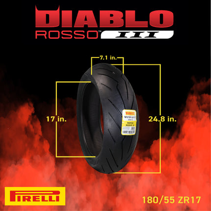 Pirelli Diablo Rosso III 180/55ZR17 73W Rear Motorcycle Tire - High Performance, Durable, & Reliable Tire for Sport/Street Bikes with Keychain