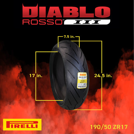 Pirelli Diablo Rosso III 190/50ZR17 73W Rear Motorcycle Tire - High Performance, Durable, & Reliable Tire for Sport/Street Bikes with Keychain
