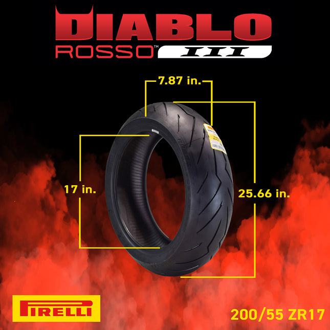 Pirelli Diablo Rosso III 200/55ZR17 78W Rear Motorcycle Tire - High Performance, Durable, & Reliable Tire for Sport/Street Bikes with Keychain