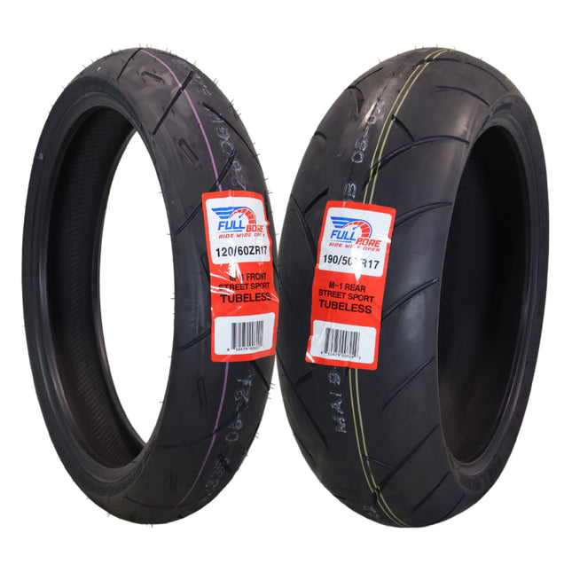 Full Bore M1 120/60ZR17 Front & 190/50ZR17 Rear Motorcycle Tires, High-Performance Radial, Superior Grip & Handling for Street & Track, 120/60-17, 190/50-17, USA Family Owned