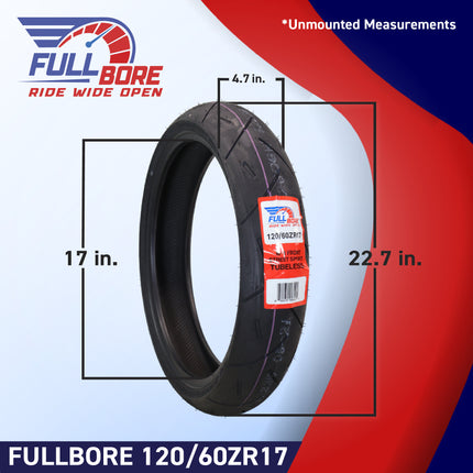 Full Bore M1 120/60ZR17 Front Motorcycle Tire, High-Performance Radial, Superior Grip & Handling for Street Bikes, 120/60-17, USA Family Owned