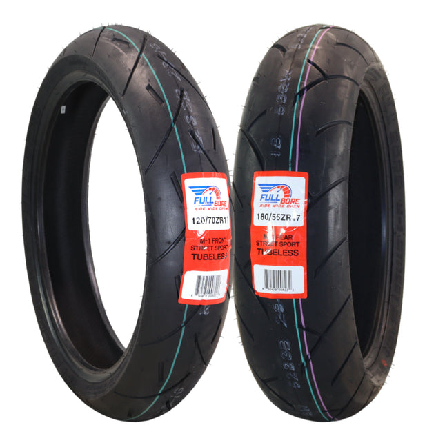 Full Bore M1 120/70ZR17 Front & 180/55ZR17 Rear Motorcycle Tires, High-Performance Radial, Superior Grip & Handling for Street & Track, 120/70-17, 180/55-17, USA Family Owned