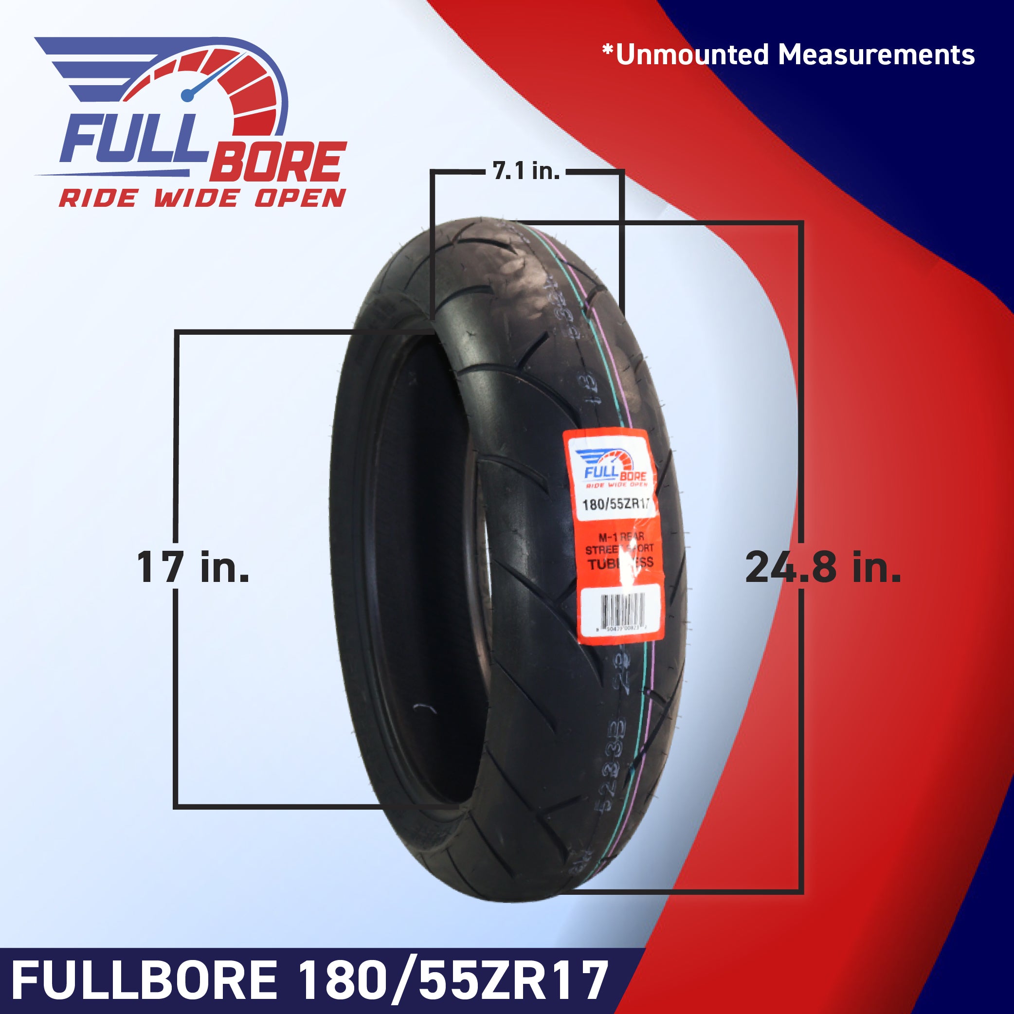 Full Bore M1 120/70ZR17 Front & 180/55ZR17 Rear Motorcycle Tires, High-Performance Radial, Superior Grip & Handling for Street & Track, 120/70-17, 180/55-17, USA Family Owned