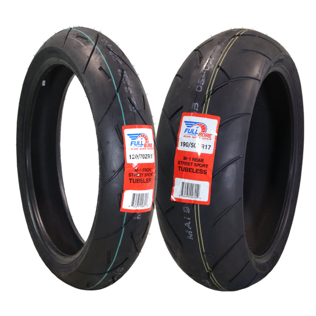 Full Bore M1 120/70ZR17 Front & 190/50ZR17 Rear Motorcycle Tires, High-Performance Radial, Superior Grip & Handling for Street & Track, 120/70-17, 190/50-17, USA Family Owned