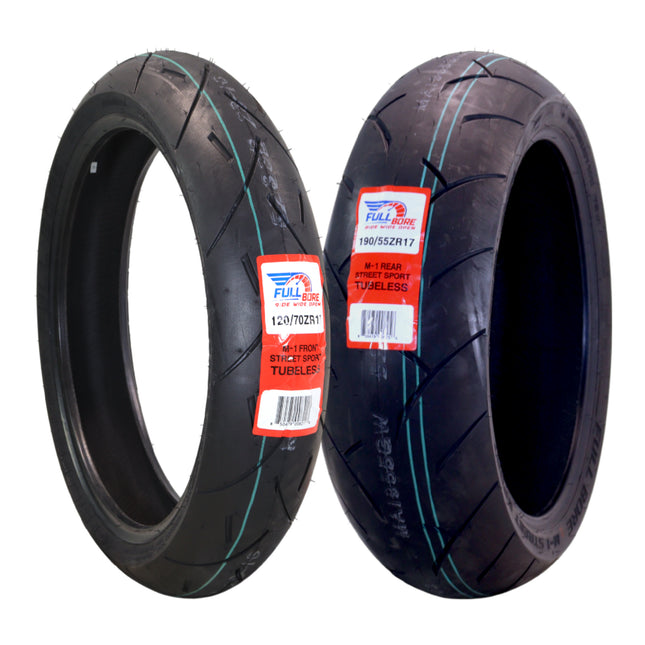 Full Bore M1 120/70ZR17 Front & 190/55ZR17 Rear Motorcycle Tires, High-Performance Radial, Superior Grip & Handling for Street & Track, 120/70-17, 190/55-17, USA Family Owned