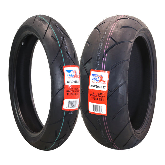 Full Bore M1 120/70ZR17 Front & 200/50ZR17 Rear Motorcycle Tires, High-Performance Radial, Superior Grip & Handling for Street & Track, 120/70-17, 200/50-17, USA Family Owned