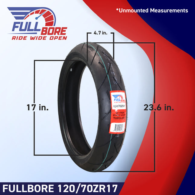 Full Bore M1 120/70ZR17 Front Motorcycle Tire, High-Performance Radial, Superior Grip & Handling for Street Bikes, 120/70-17, USA Family Owned