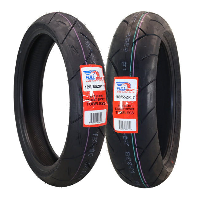Full Bore M1 120/60ZR17 Front & 180/55ZR17 Rear Motorcycle Tires, High-Performance Radial, Superior Grip & Handling for Street & Track, 120/60-17, 180/55-17, USA Family Owned