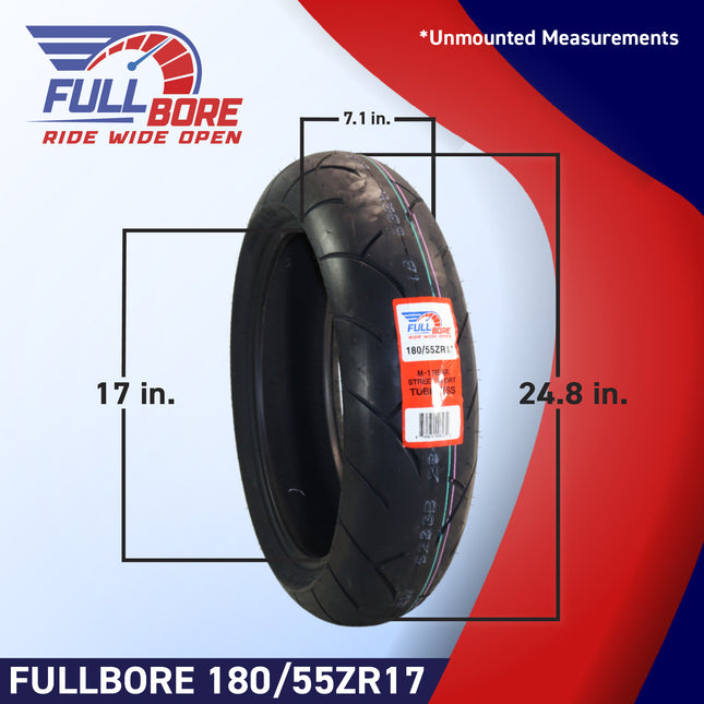 Full Bore M1 180/55ZR17 Rear Motorcycle Tire, High-Performance Radial, Superior Grip & Handling for Street Bikes, 180/55-17, USA Family Owned