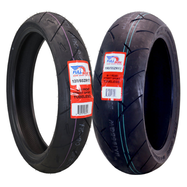 Full Bore M1 120/60ZR17 Front & 190/55ZR17 Rear Motorcycle Tires, High-Performance Radial, Superior Grip & Handling for Street & Track, 120/60-17, 190/55-17, USA Family Owned