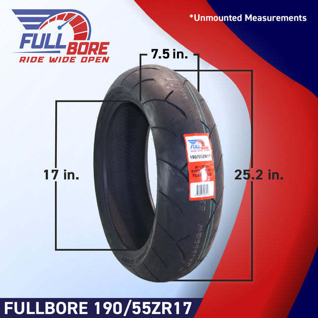 Full Bore M1 190/55ZR17 Rear Motorcycle Tire, High-Performance Radial, Superior Grip & Handling for Street Bikes, 190/55-17, USA Family Owned