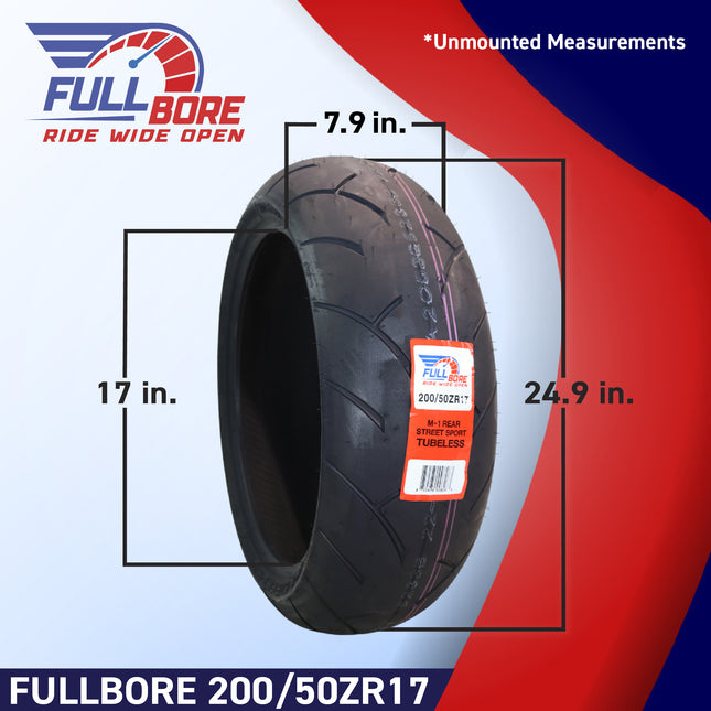 Full Bore M1 200/50ZR17 Rear Motorcycle Tire, High-Performance Radial, Superior Grip & Handling for Street Bikes, 200/50-17, USA Family Owned