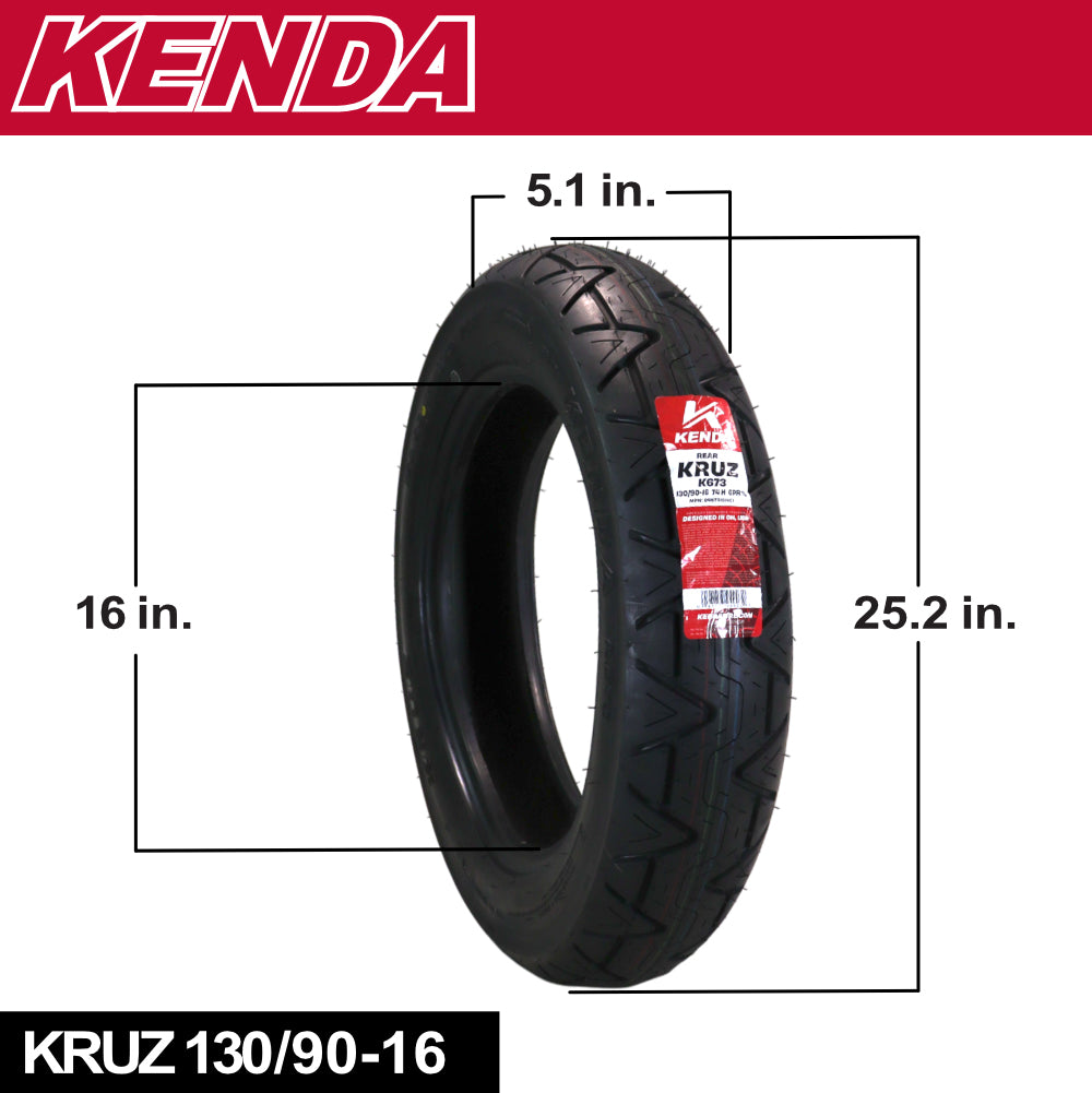 Kenda Kruz K673 130/90-16 (74H) Rear Motorcycle Tire - Bias Ply, Tubeless, DOT Approved, High-Mileage Cruiser Tire with Excellent Wet Grip and Stability, (130 90 16 74H) Includes Kenda Keychain