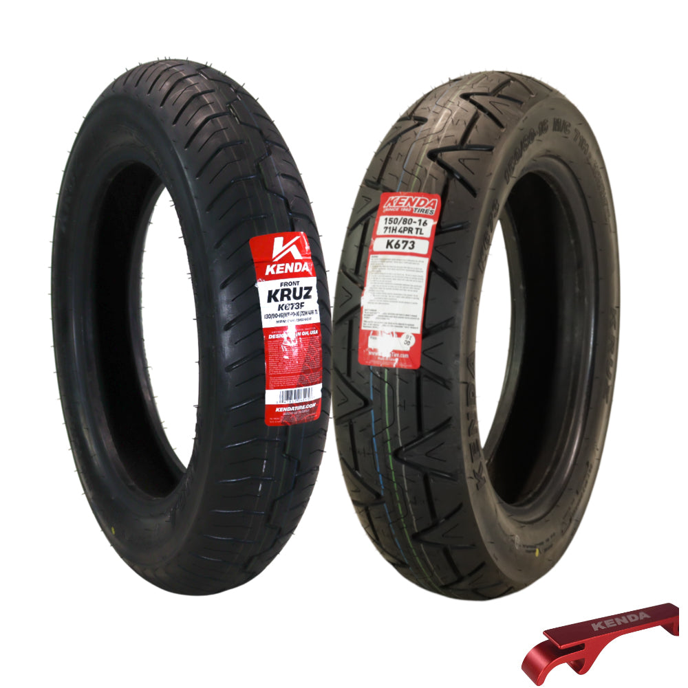 Kenda Kruz K673 Front (130/90-16 72H) & Rear (150/80H-16) Motorcycle Tire Pair - Cruiser Street Tires-High-Mileage Cruiser  Tire with Excellent Wet Grip and Stability, Includes Kenda Keychain