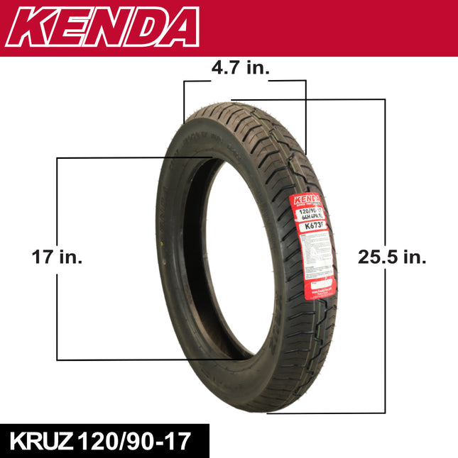Kenda Kruz  K673  120/90-17 (64H) Front Motorcycle Tire  - Bias Ply, Tubeless, DOT Approved, High-Mileage Cruiser Tire with Excellent Wet Grip and Stability, (120-90-17 64H)  Includes Kenda Keychain