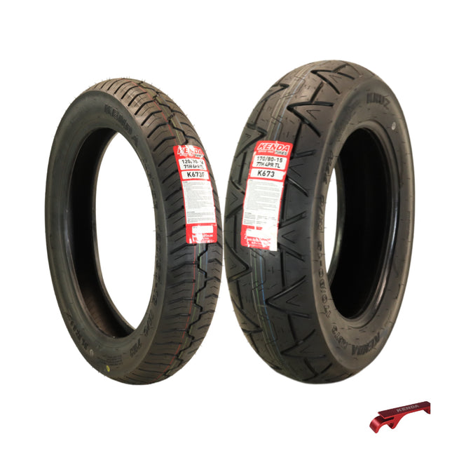 Kenda Kruz K673 (120/90-18 71H) Front & (170/80-15 77H) Rear Motorcycle Tire Pair - Cruiser Street Tires-High-Mileage Cruiser Tire with Excellent Wet Grip and Stability, Includes Kenda Keychain