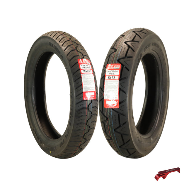 Kenda Kruz K673 Front (120/90-18 71H) & Rear (140/90-16 77H) Motorcycle Tire Pair - Cruiser Street Tires-High-Mileage Cruiser Tire with Excellent Wet Grip and Stability, Includes Kenda Keychain