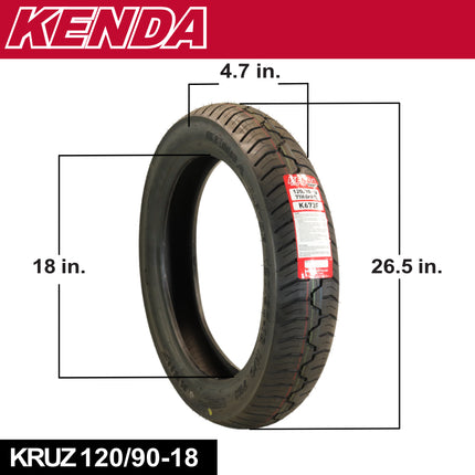 Kenda Kruz K673 120/90-18 (71H) Front Motorcycle Tire - Bias Ply, Tubeless, DOT Approved, High-Mileage Cruiser Tire with Excellent Wet Grip and Stability, (120/90-18 71H) Includes Kenda Keychain
