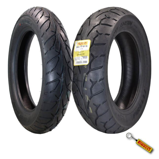 Pirelli Night Dragon 130/90B16 M/C 67H Front & 180/60B15 M/C 76H Rear Motorcycle Cruiser Tire Set - Superior Traction and Handling for High-Performance Cruisers with Keychain