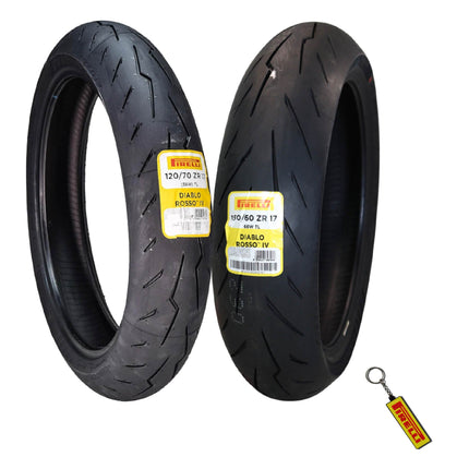 Pirelli Diablo Rosso IV 120/70 ZR 17 M/C Front & 15/60 ZR 17 66W TL Rear Motorcycle Tire Set - High Performance, Durable for Super Sport Bikes with Keychain
