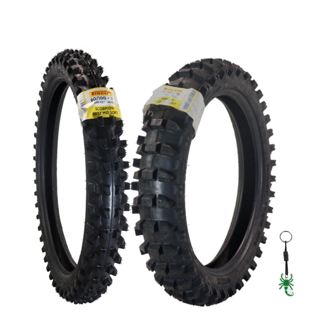 Pirelli Scorpion MX32 Mid Soft 2.0 - 80/100-21 51M Front & 120/80-19 63M Rear Motocross Tires - Bias Tube Type Blackwall - Off-Road Motorcycle Tires w/ Pirelli Keychain (80-100-21&120-80-19)