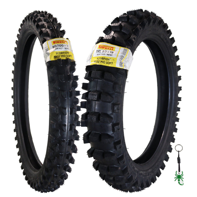 Pirelli Scorpion MX32 Mid Soft 80/100-21 51M Front & 110/90-19 62M Rear Motocross Tires-Bias Tube Type Blackwall-Off-Road Motorcycle Tires with Pirelli Keychain (80-100-21 | 110-90-19)