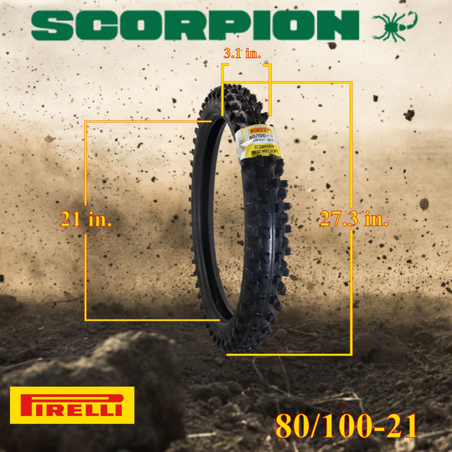 Pirelli Scorpion MX32 Mid Soft 80/100-21 51M Front & 110/90-19 62M Rear Motocross Tires-Bias Tube Type Blackwall-Off-Road Motorcycle Tires with Pirelli Keychain (80-100-21 | 110-90-19)