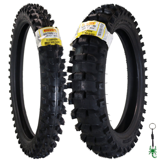 Pirelli Scorpion MX32 Mid Soft 80/100-21 51M Front & 120/90-19 66M Rear Motocross Tires - Bias Tube Type Blackwall - Off-Road Motorcycle Tires with Pirelli Keychain (80-100-21 | 120-90-19)