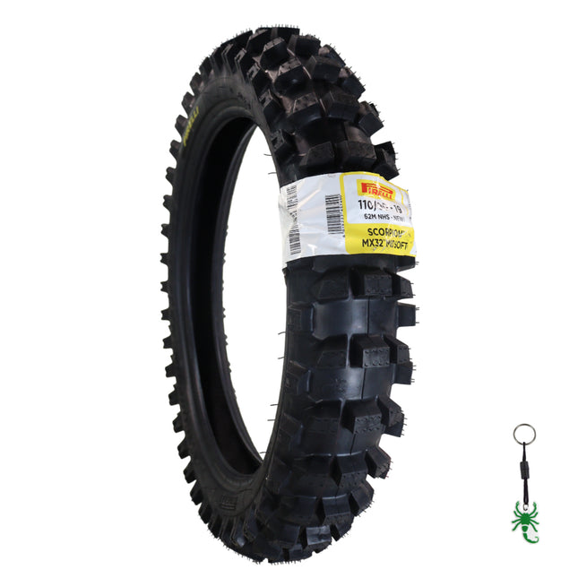 Pirelli Scorpion MX32 Mid Soft 110/90-19 62M Motocross Rear Tire  -Bias Tube Type Blackwall - Off-Road Motorcycle Tire for Medium-Soft Terrain with Pirelli Keychain (110-90-19)