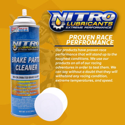 Nitro Lubricants Brake Cleaner – Fast-Drying, Non-Chlorinated Formula Removes Grease, Oil, Tar, and Brake Fluid – Residue-Free Performance – 12oz – Made in USA (10-Pack)