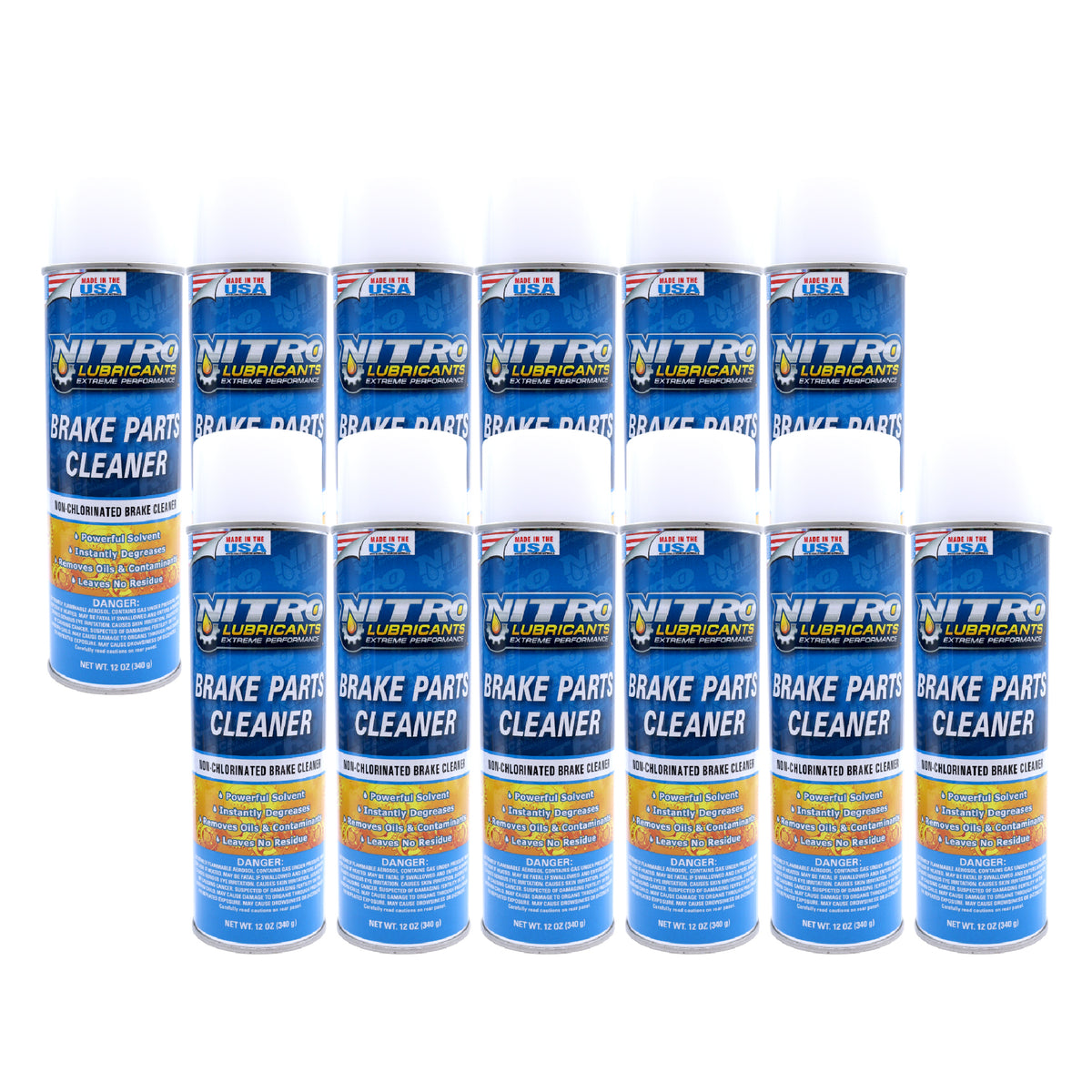 Nitro Lubricants Brake Cleaner – Fast-Drying, Non-Chlorinated Formula Removes Grease, Oil, Tar, and Brake Fluid – Residue-Free Performance – 12oz – Made in USA (12-Pack)
