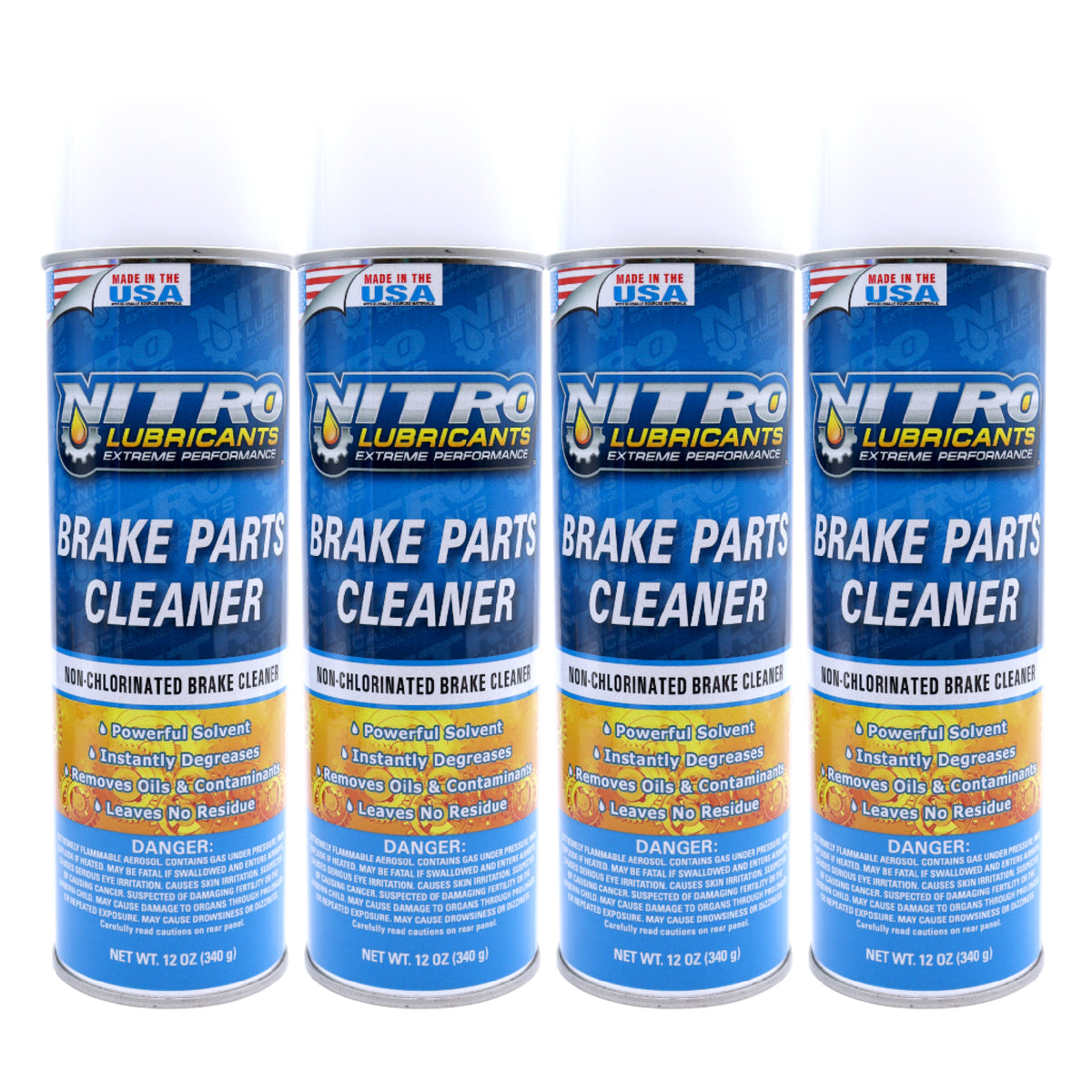 Nitro Lubricants Brake Cleaner – Fast-Drying, Non-Chlorinated Formula Removes Grease, Oil, Tar, and Brake Fluid – Residue-Free Performance – 12oz – Made in USA (4-Pack)