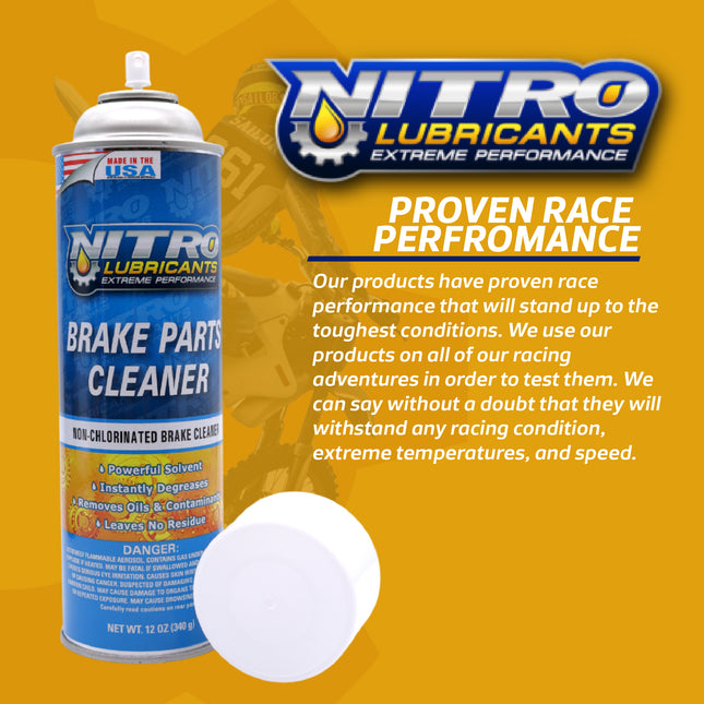 Nitro Lubricants Brake Cleaner – Fast-Drying, Non-Chlorinated Formula Removes Grease, Oil, Tar, and Brake Fluid – Residue-Free Performance – 12oz – Made in USA (4-Pack)