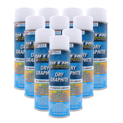 Nitro Lubricants Dry Graphite Spray – 12.75oz Fast-Drying Lubricant for Metal & Plastic; Resists Water, Oil, and Chemicals; Performs Under Heat & Pressure in Dry Applications- Made in USA (10-Pack)