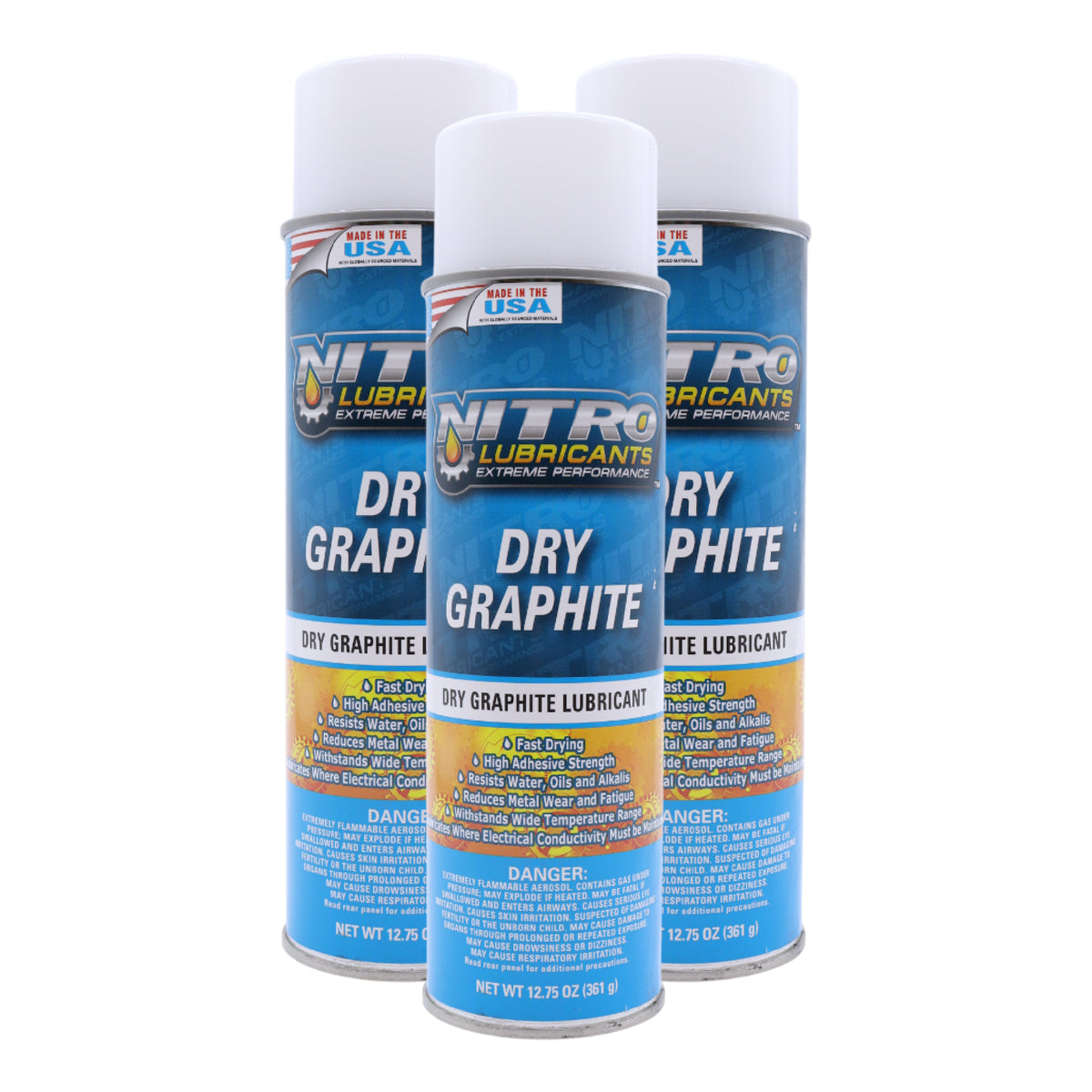 Nitro Lubricants Dry Graphite Spray – 12.75oz Fast-Drying Lubricant for Metal & Plastic; Resists Water, Oil, and Chemicals; Performs Under Heat & Pressure in Dry Applications- Made in USA (3-Pack)