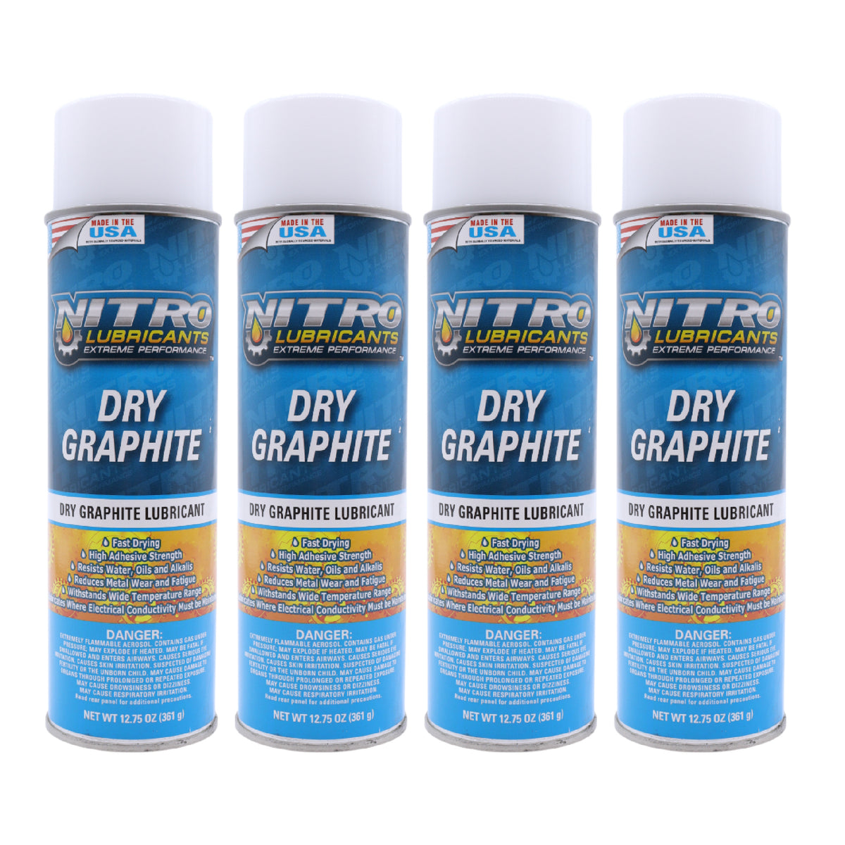 Nitro Lubricants Dry Graphite Spray – 12.75oz Fast-Drying Lubricant for Metal & Plastic; Resists Water, Oil, and Chemicals; Performs Under Heat & Pressure in Dry Applications- Made in USA (4-Pack)