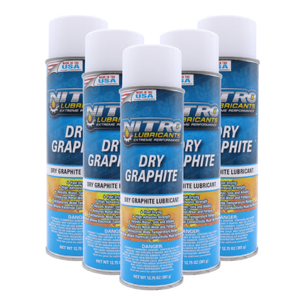 Nitro Lubricants Dry Graphite Spray – 12.75oz Fast-Drying Lubricant for Metal & Plastic; Resists Water, Oil, and Chemicals; Performs Under Heat & Pressure in Dry Applications- Made in USA (5-Pack)