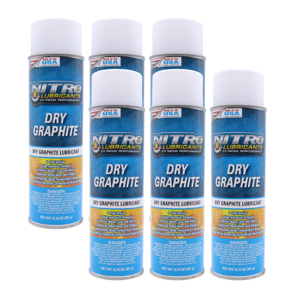 Nitro Lubricants Dry Graphite Spray – 12.75oz Fast-Drying Lubricant for Metal & Plastic; Resists Water, Oil, and Chemicals; Performs Under Heat & Pressure in Dry Applications- Made in USA (6-Pack)