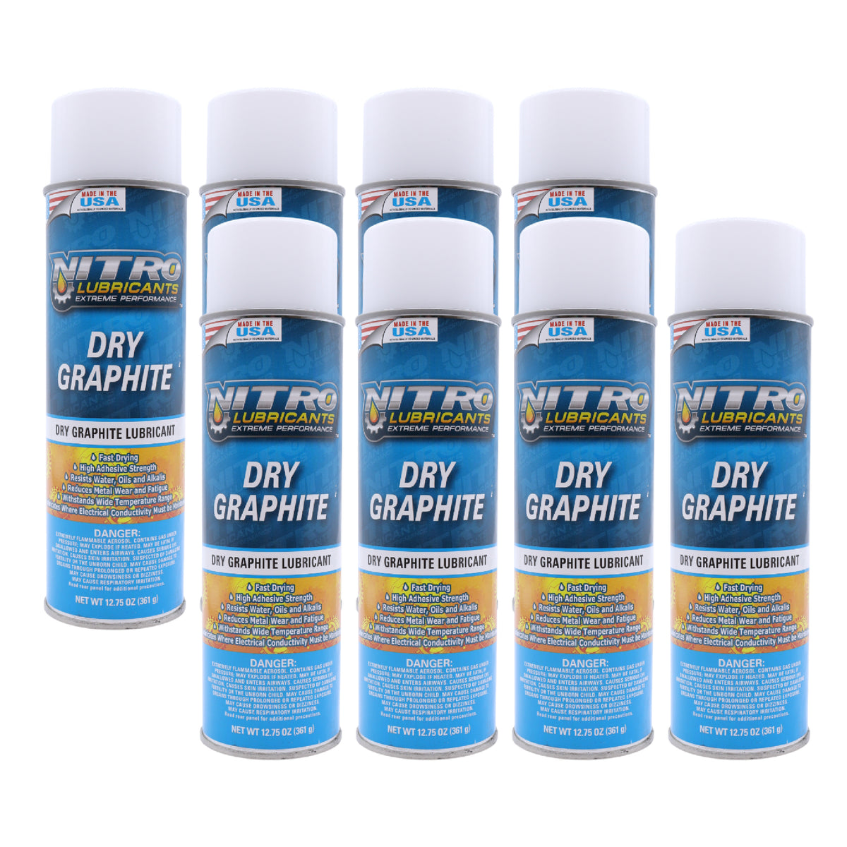 Nitro Lubricants Dry Graphite Spray – 12.75oz Fast-Drying Lubricant for Metal & Plastic; Resists Water, Oil, and Chemicals; Performs Under Heat & Pressure in Dry Applications- Made in USA (8-Pack)