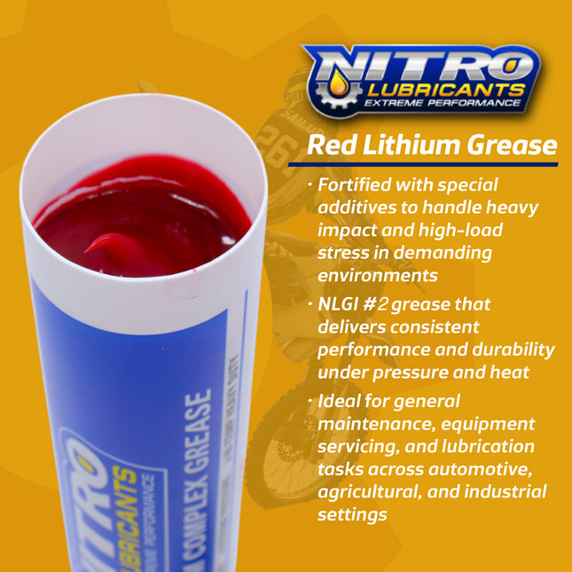 Nitro Lubricants Red Lithium Complex Grease – 14oz Tube for Automotive, Racing, Marine & Off-Road Use – Heavy-Duty, Extreme-Pressure, Multi-Purpose Grease, NLGI #2 (12-Pack)