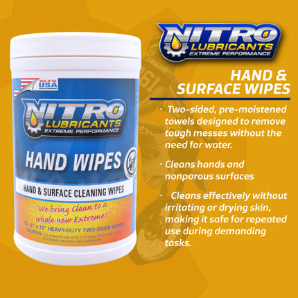 Nitro Lubricants Hand & Surface Cleaning Wipes – Heavy Duty, Two-Sided, Waterless Towels Remove Grease, Oil, Tar, Brake Dust, Inks, Grime from Hands & Nonporous Surfaces – 70 Count – Made in USA