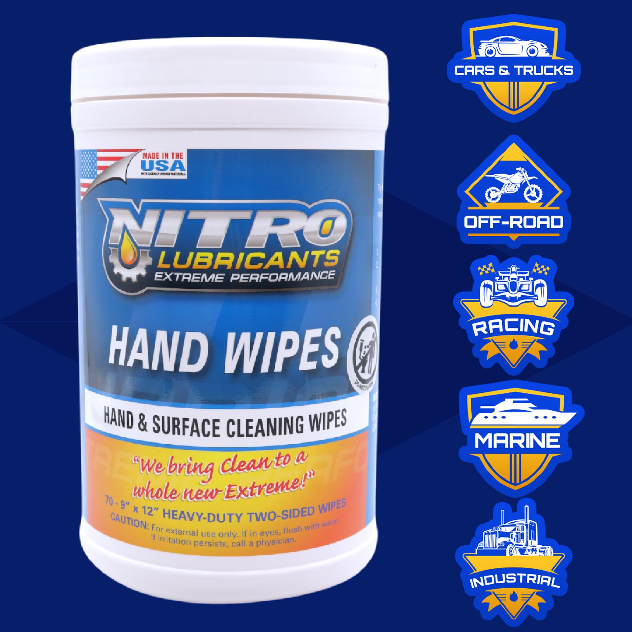 Nitro Lubricants Hand & Surface Cleaning Wipes – Heavy Duty, Two-Sided, Waterless Towels Remove Grease, Oil, Tar, Brake Dust, Inks, Grime & Nonporous Surfaces – 70 Count – Made in USA (2-Pack)