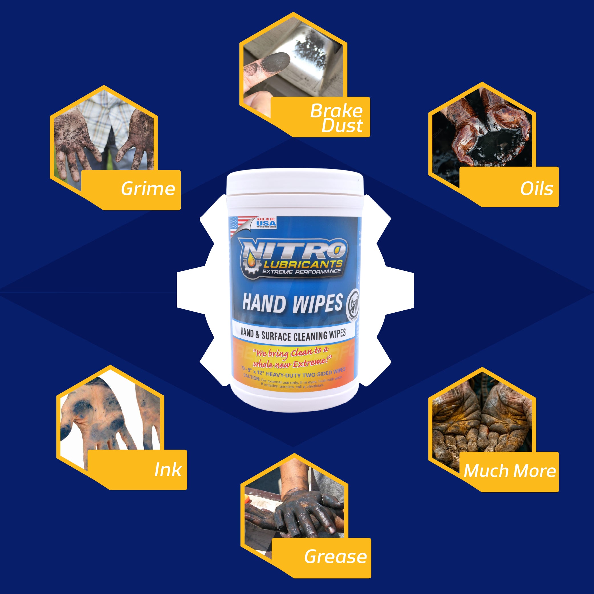 Nitro Lubricants Hand & Surface Cleaning Wipes – Heavy Duty, Two-Sided, Waterless Towels Remove Grease, Oil, Tar, Brake Dust, Inks, Grime & Nonporous Surfaces – 70 Count – Made in USA (3-Pack)