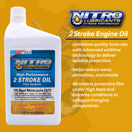 Nitro Lubricants 2 Stroke Engine Oil – Semi-Synthetic, High Performance Formula for Motorcycles and ATVs – Racing and Off-Road Use – Advanced Additive Technology – 1 Quart – Made in USA (4-Pack)